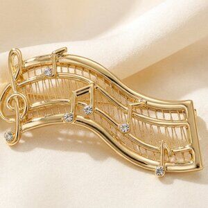 Gold Tone G Clef & Notes on Staff Brooch Pin | Rhinestone Accent